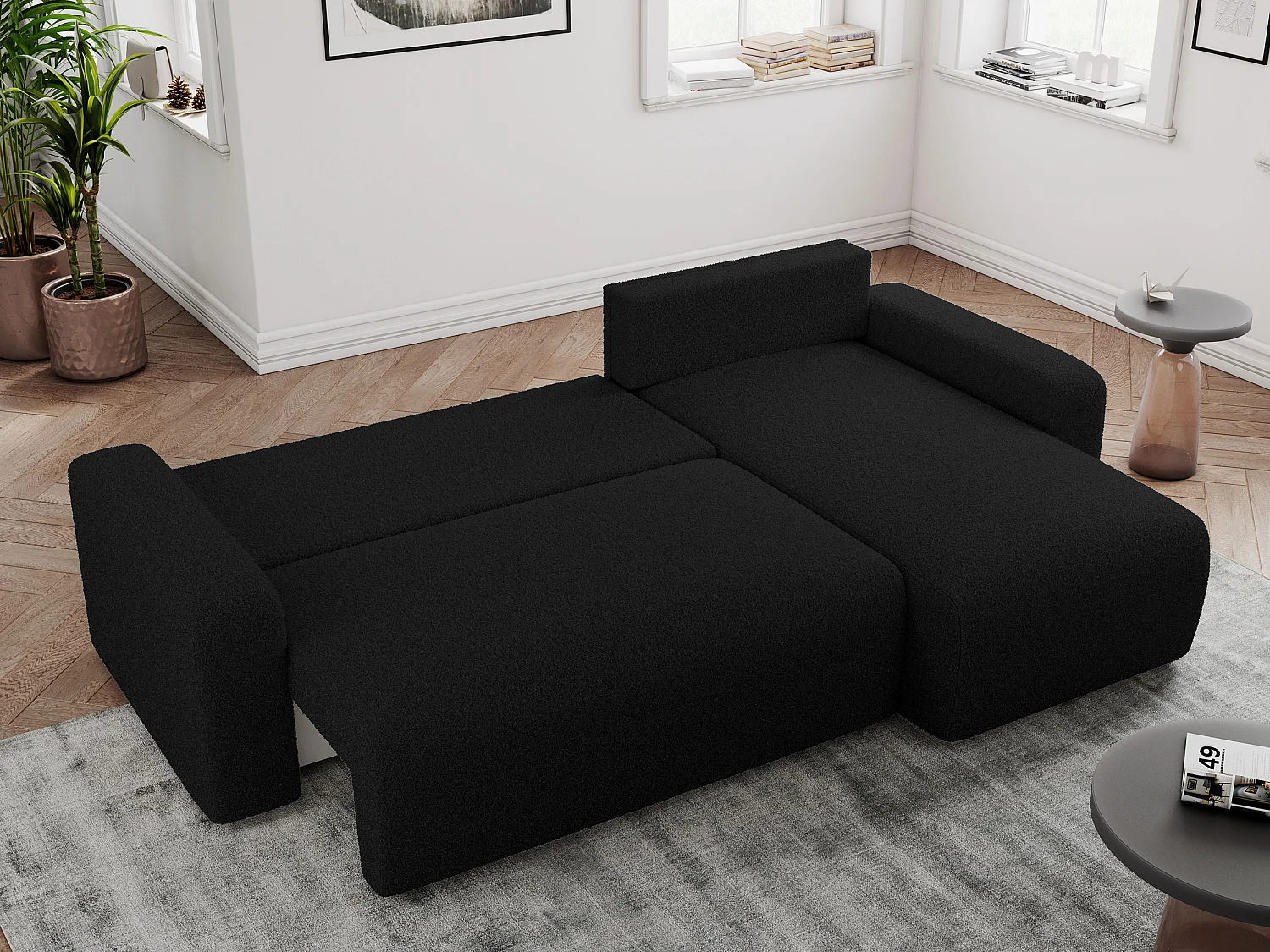 Ecksofa ARGOS - mit Schlaffunktion, Sofa mit armlehnen, Bettkasten, 3-Sitzer Sofa - Schwarz Boucle