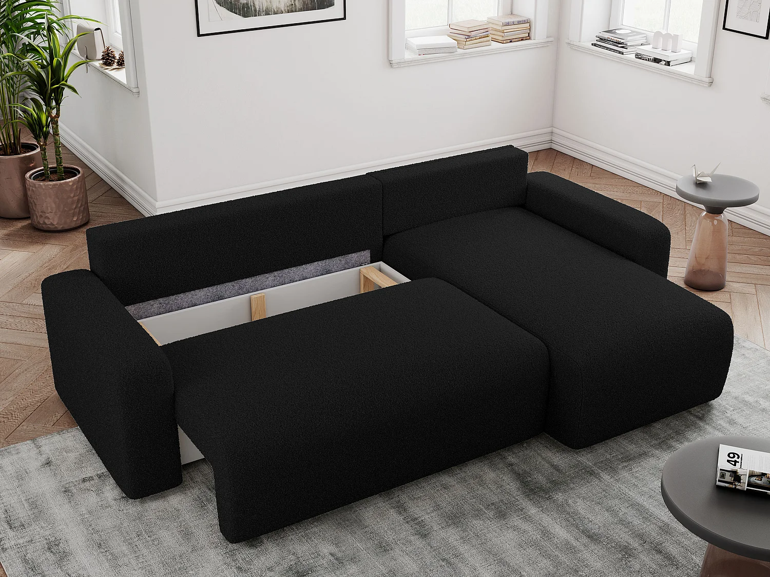 Ecksofa ARGOS - mit Schlaffunktion, Sofa mit armlehnen, Bettkasten, 3-Sitzer Sofa - Schwarz Boucle