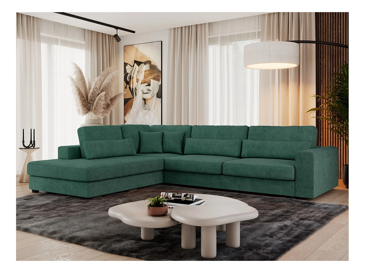 Ecksofa SAVONA - mit Armlehnen, lose Kissen, große L-förmige Ecke, Wohnlandschaft - Grün Strukture - Ecke Links