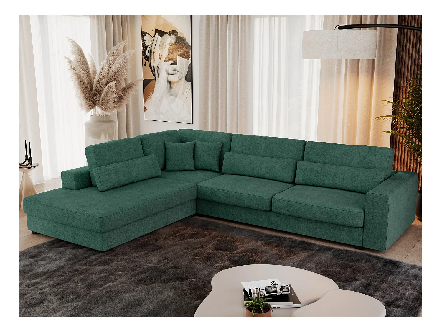 Ecksofa SAVONA - mit Armlehnen, lose Kissen, große L-förmige Ecke, Wohnlandschaft - Grün Strukture - Ecke Links