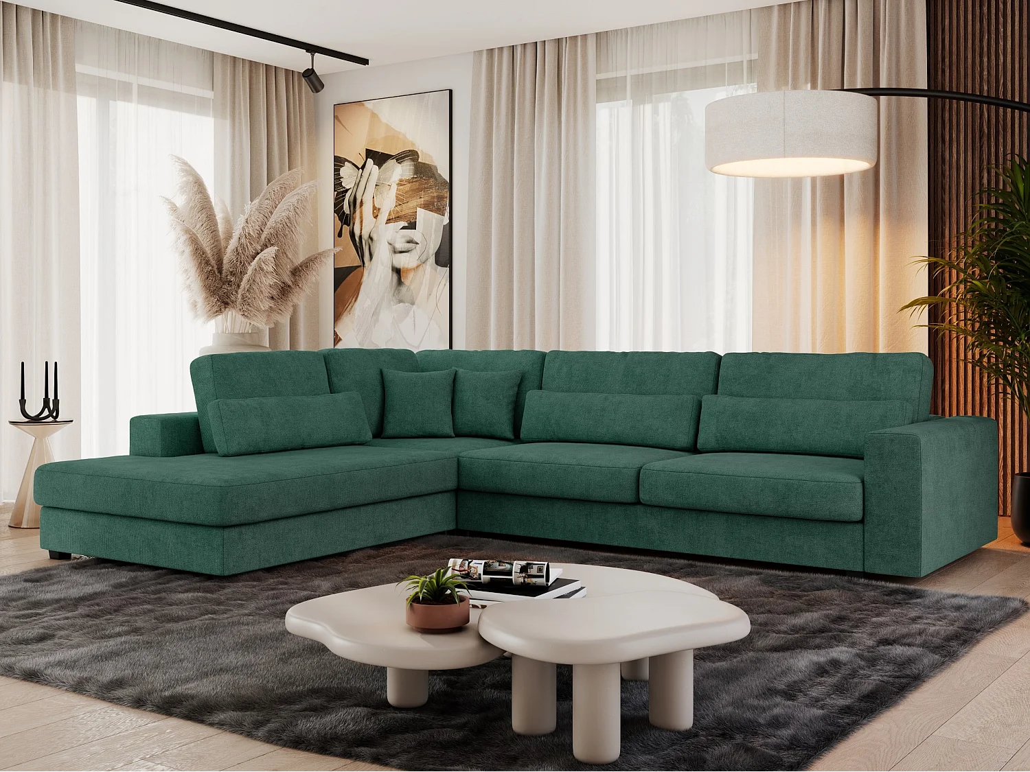 Ecksofa SAVONA - mit Armlehnen, lose Kissen, große L-förmige Ecke, Wohnlandschaft - Grün Strukture - Ecke Links