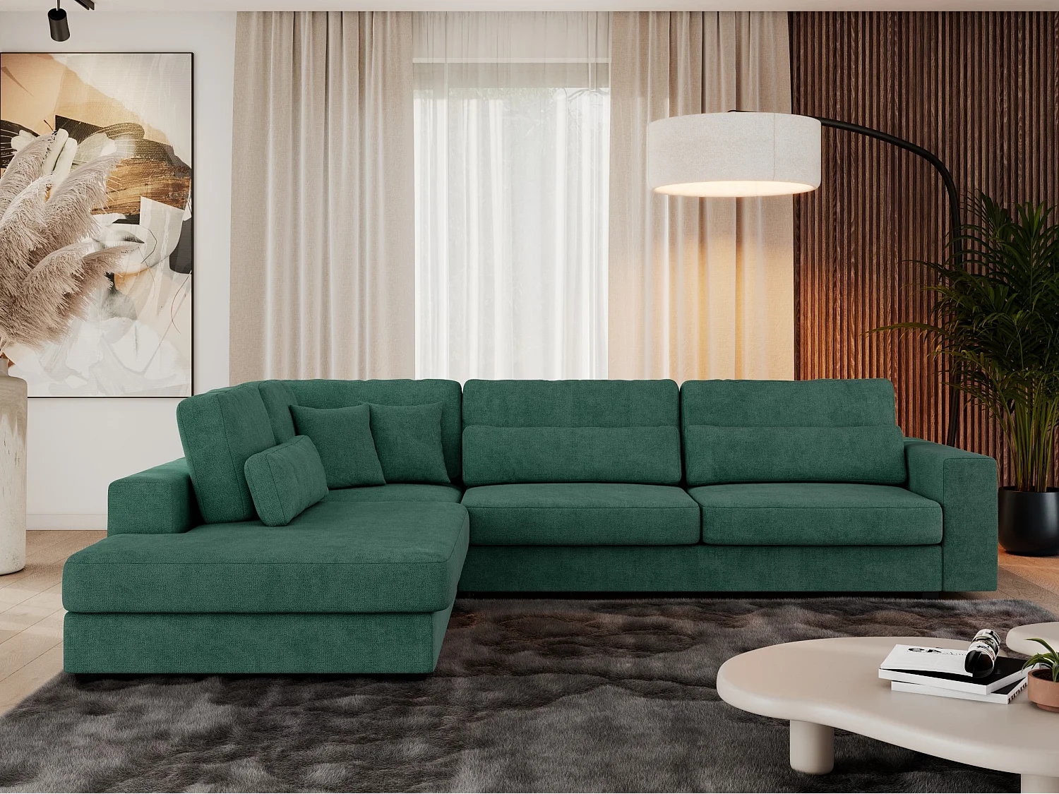 Ecksofa SAVONA - mit Armlehnen, lose Kissen, große L-förmige Ecke, Wohnlandschaft - Grün Strukture - Ecke Links