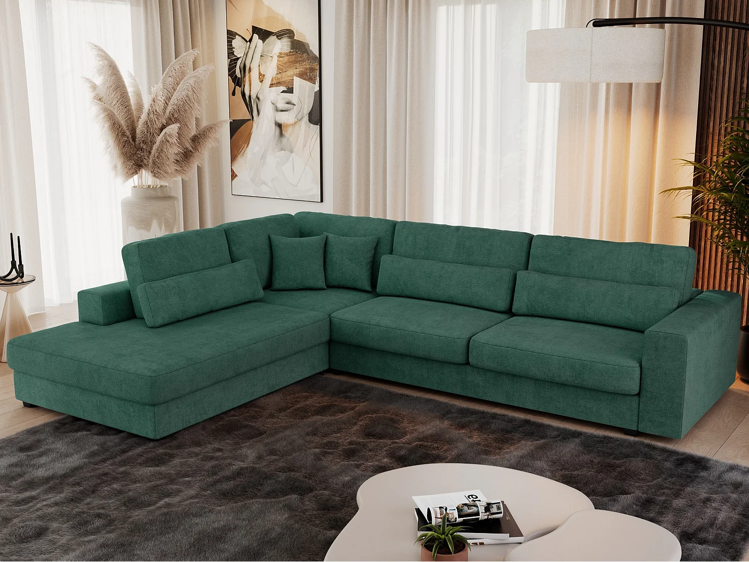 Ecksofa SAVONA - mit Armlehnen, lose Kissen, große L-förmige Ecke, Wohnlandschaft - Grün Strukture - Ecke Links