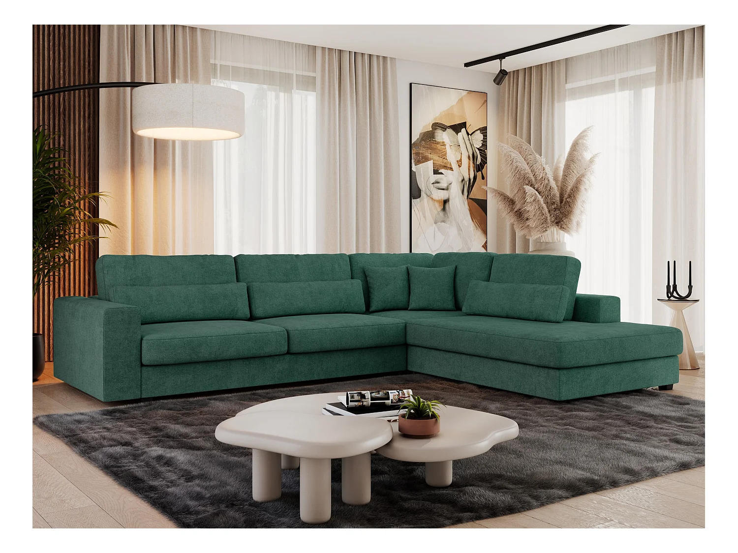 Ecksofa SAVONA - mit Armlehnen, lose Kissen, große L-förmige Ecke, Wohnlandschaft - Grün Strukture - Ecke Rechts