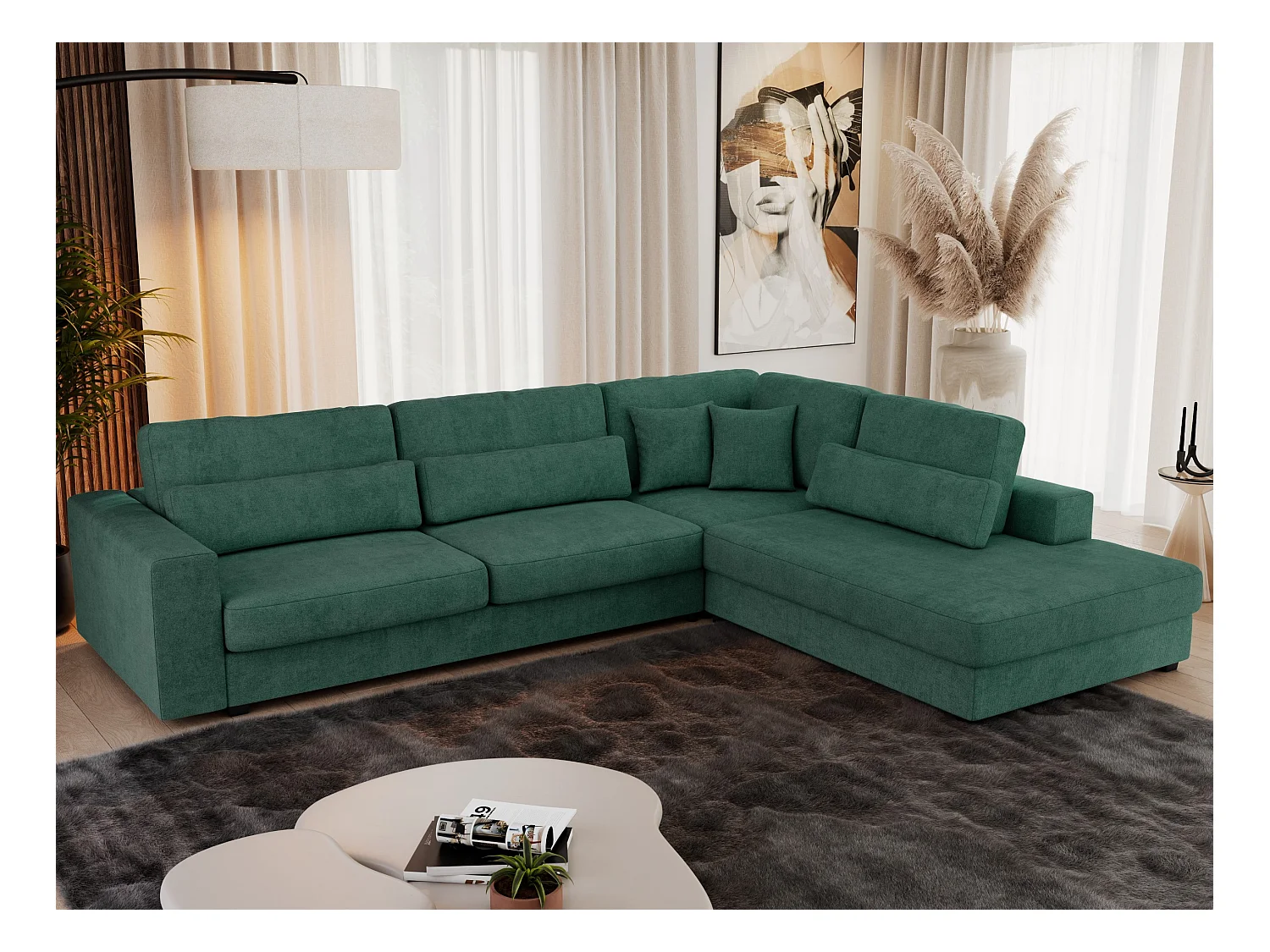 Ecksofa SAVONA - mit Armlehnen, lose Kissen, große L-förmige Ecke, Wohnlandschaft - Grün Strukture - Ecke Rechts