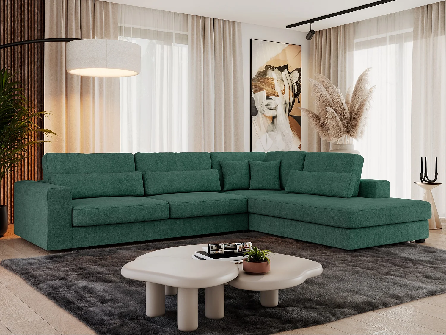 Ecksofa SAVONA - mit Armlehnen, lose Kissen, große L-förmige Ecke, Wohnlandschaft - Grün Strukture - Ecke Rechts