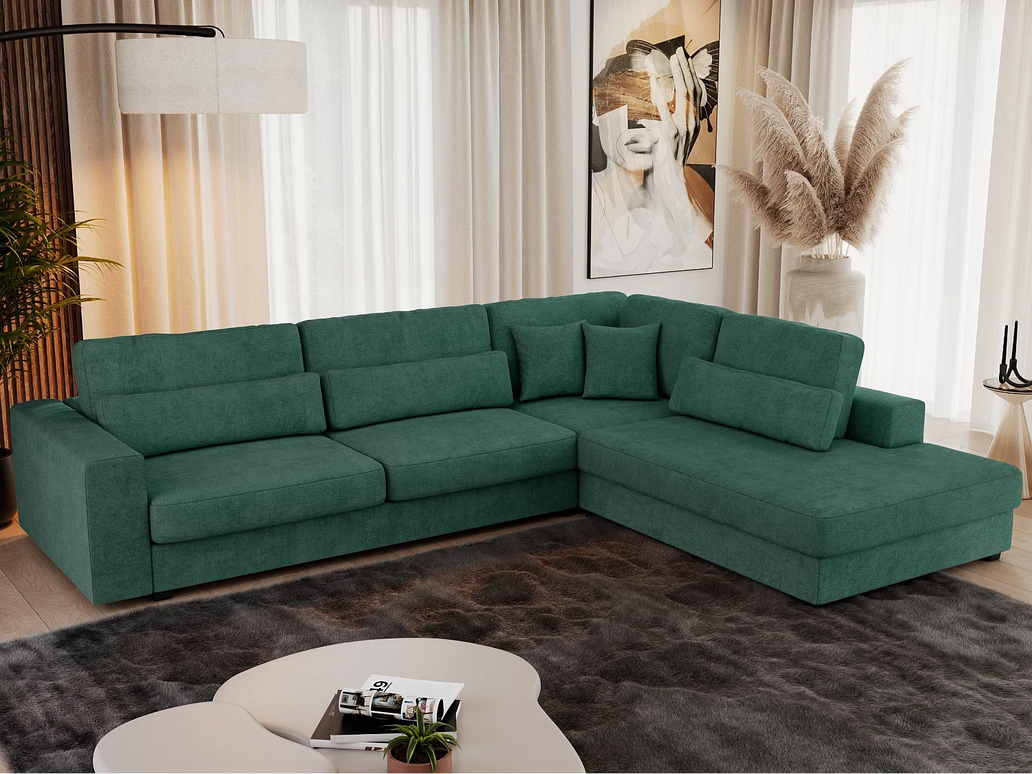 Ecksofa SAVONA - mit Armlehnen, lose Kissen, große L-förmige Ecke, Wohnlandschaft - Grün Strukture - Ecke Rechts