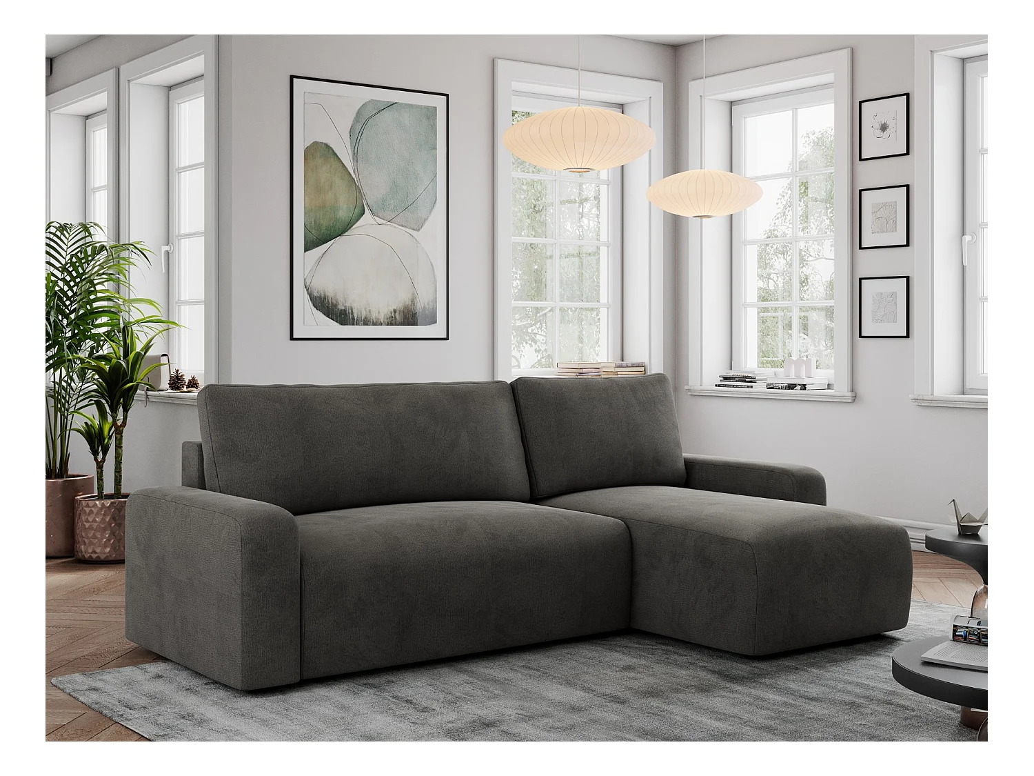 Ecksofa ARGOS - mit Schlaffunktion, Sofa mit armlehnen, Bettkasten, 3-Sitzer Sofa - Dunkelgrau Velvet