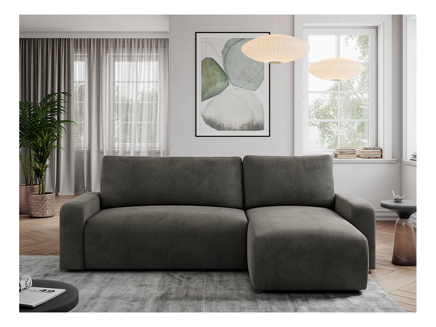 Ecksofa ARGOS - mit Schlaffunktion, Sofa mit armlehnen, Bettkasten, 3-Sitzer Sofa - Dunkelgrau Velvet