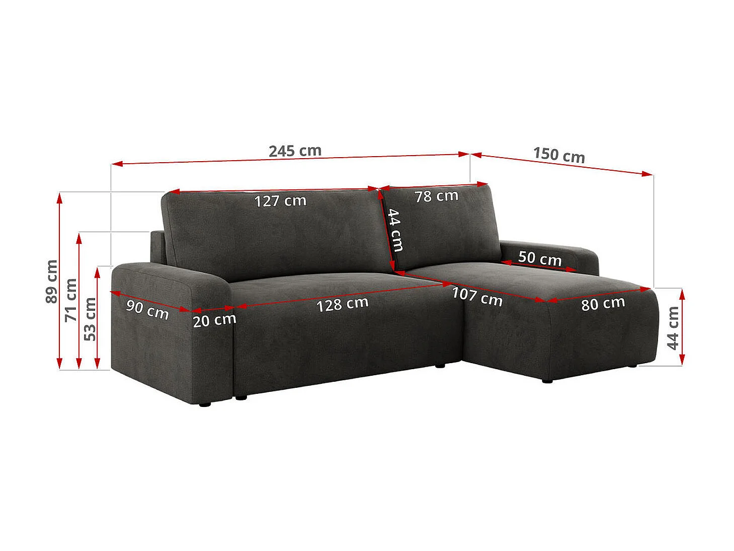 Ecksofa ARGOS - mit Schlaffunktion, Sofa mit armlehnen, Bettkasten, 3-Sitzer Sofa - Dunkelgrau Velvet