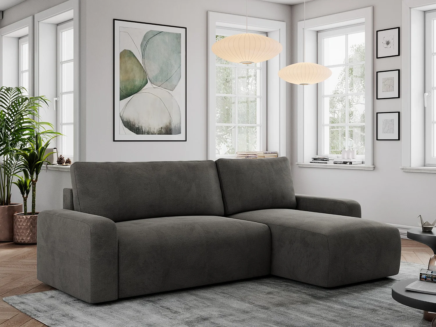 Ecksofa ARGOS - mit Schlaffunktion, Sofa mit armlehnen, Bettkasten, 3-Sitzer Sofa - Dunkelgrau Velvet