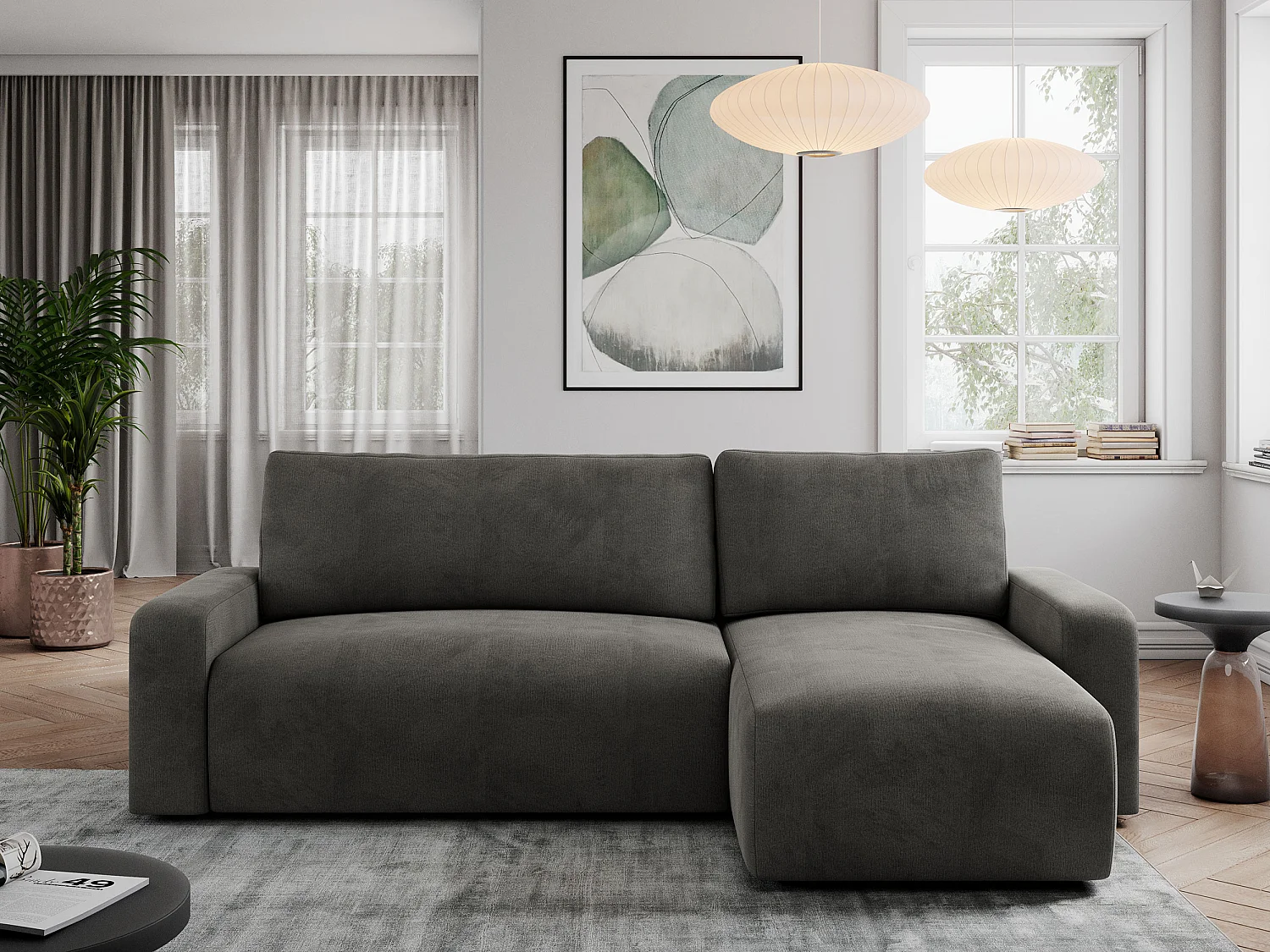 Ecksofa ARGOS - mit Schlaffunktion, Sofa mit armlehnen, Bettkasten, 3-Sitzer Sofa - Dunkelgrau Velvet