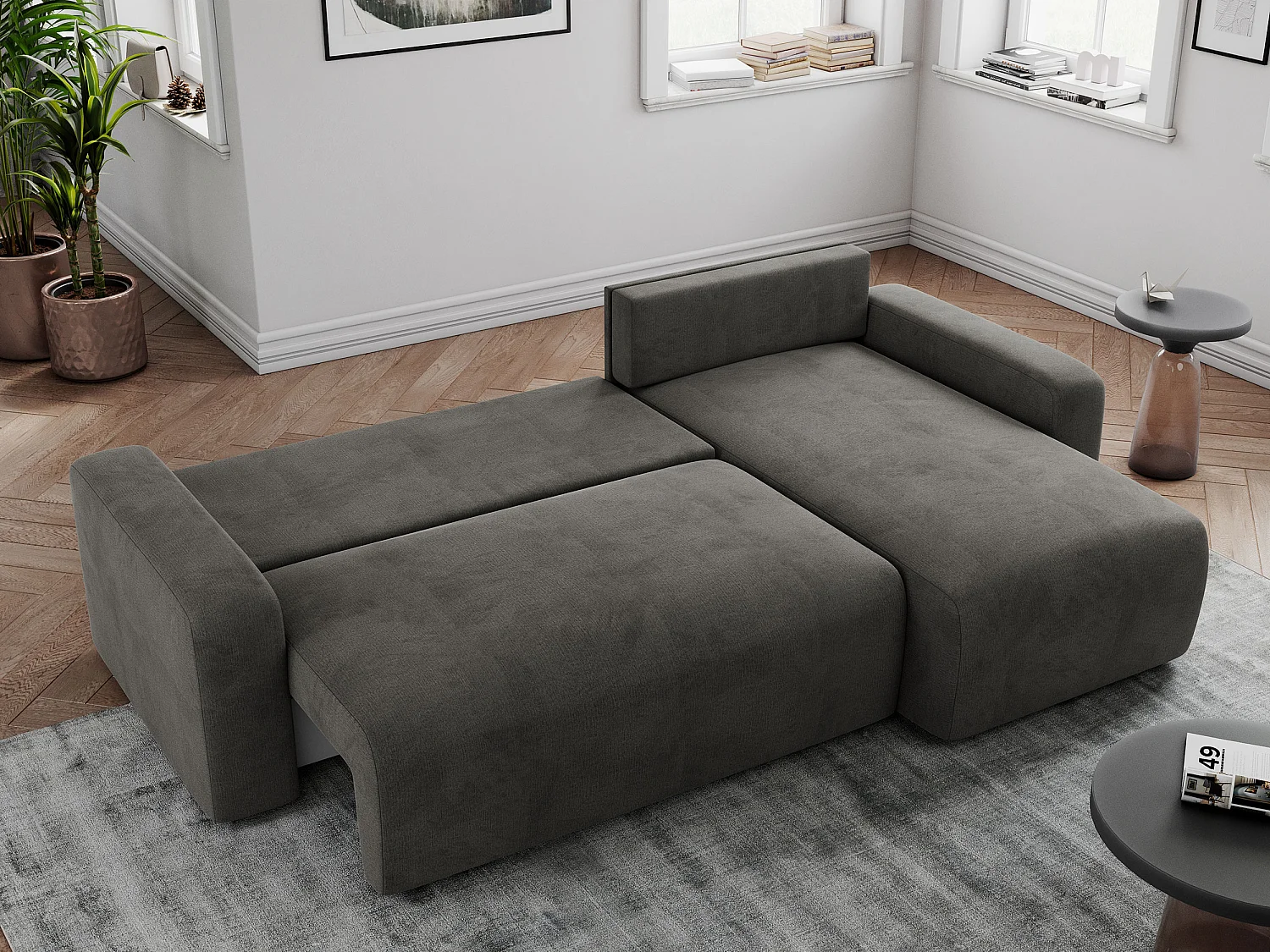 Ecksofa ARGOS - mit Schlaffunktion, Sofa mit armlehnen, Bettkasten, 3-Sitzer Sofa - Dunkelgrau Velvet