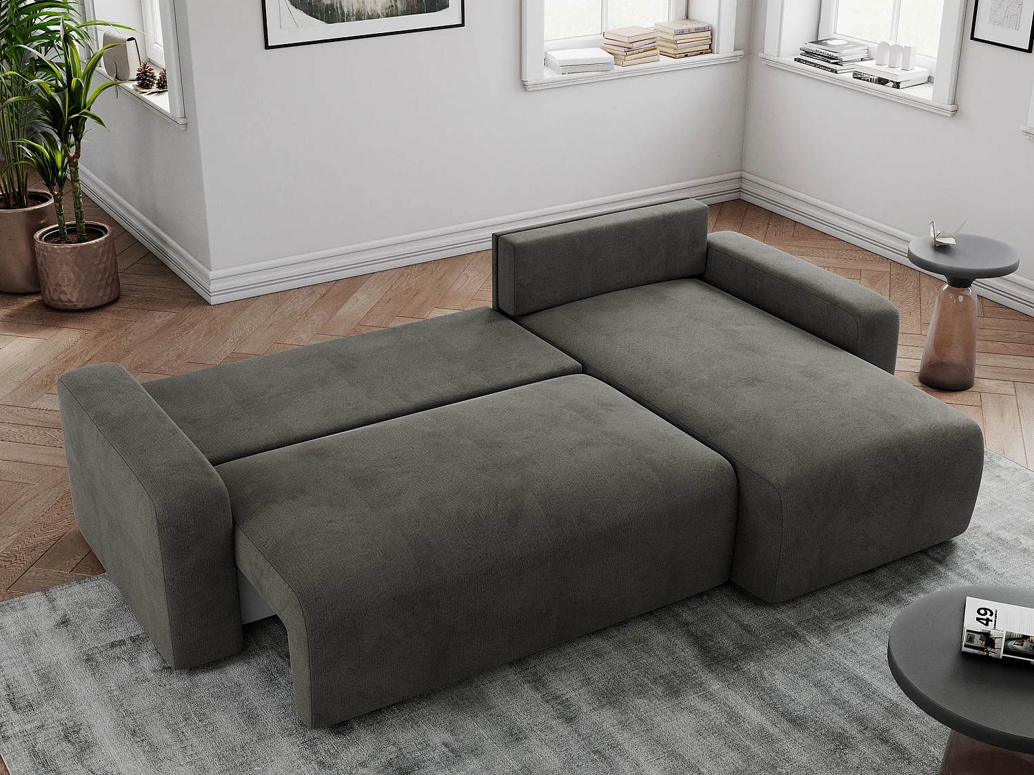 Ecksofa ARGOS - mit Schlaffunktion, Sofa mit armlehnen, Bettkasten, 3-Sitzer Sofa - Dunkelgrau Velvet