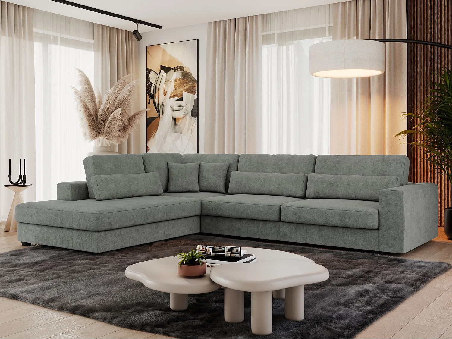 Ecksofa SAVONA - mit Armlehnen, lose Kissen, große L-förmige Ecke, Wohnlandschaft - Grau Strukture - Ecke Links