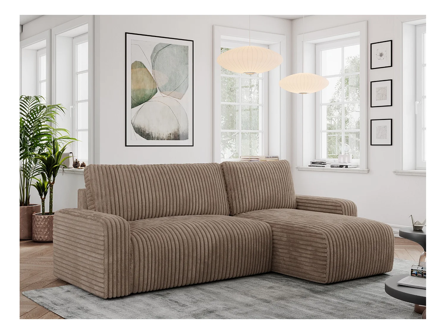Ecksofa ARGOS - mit Schlaffunktion, Sofa mit armlehnen, Bettkasten, 3-Sitzer Sofa - Braun Cord