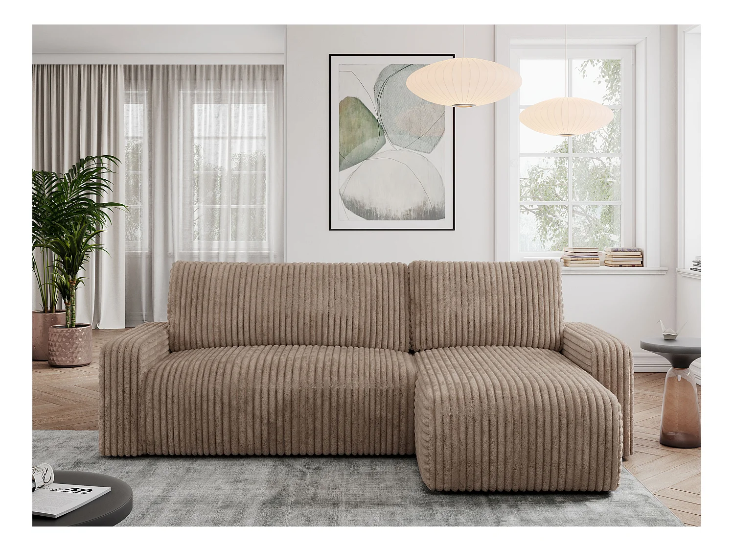 Ecksofa ARGOS - mit Schlaffunktion, Sofa mit armlehnen, Bettkasten, 3-Sitzer Sofa - Braun Cord