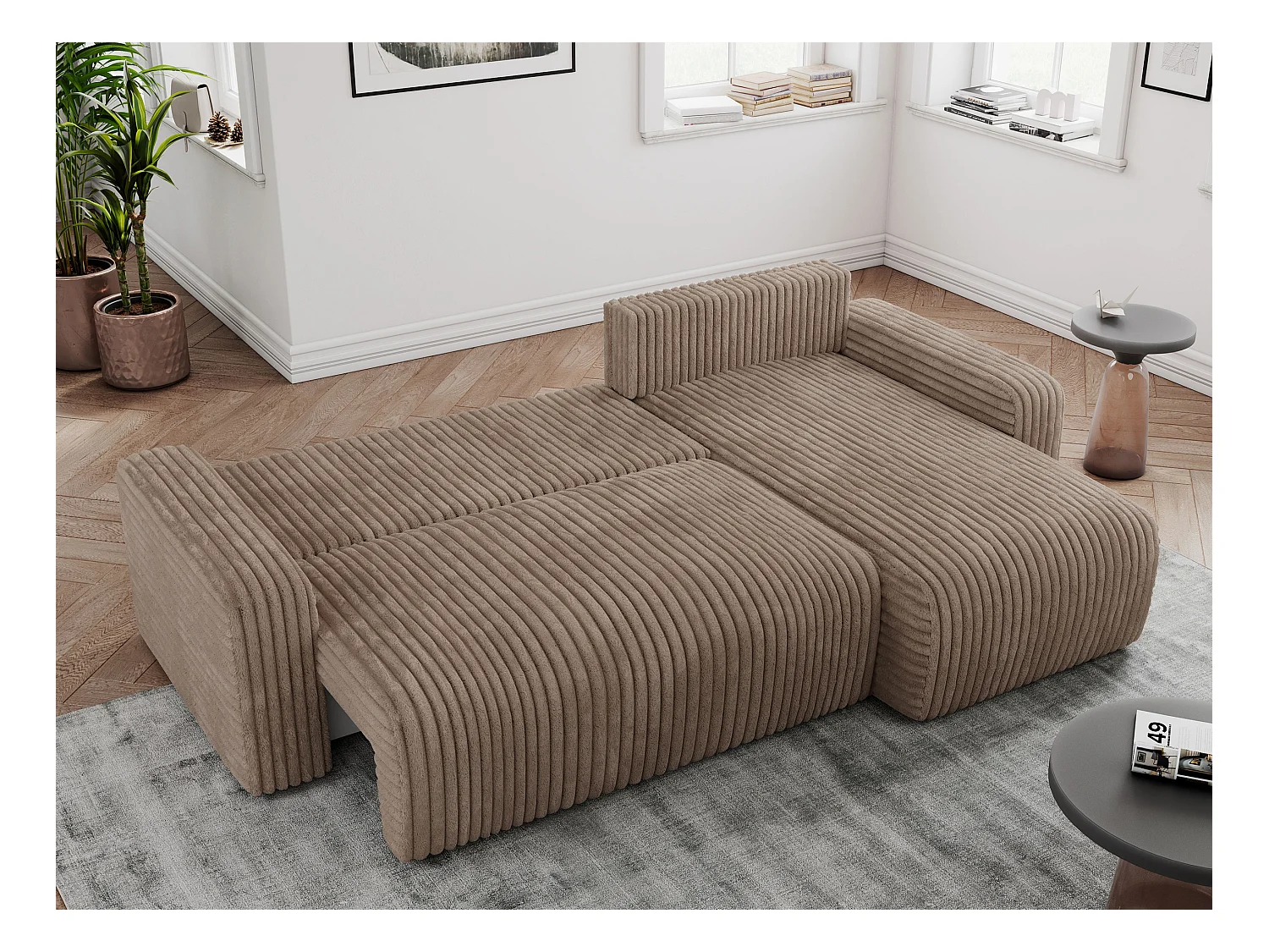 Ecksofa ARGOS - mit Schlaffunktion, Sofa mit armlehnen, Bettkasten, 3-Sitzer Sofa - Braun Cord