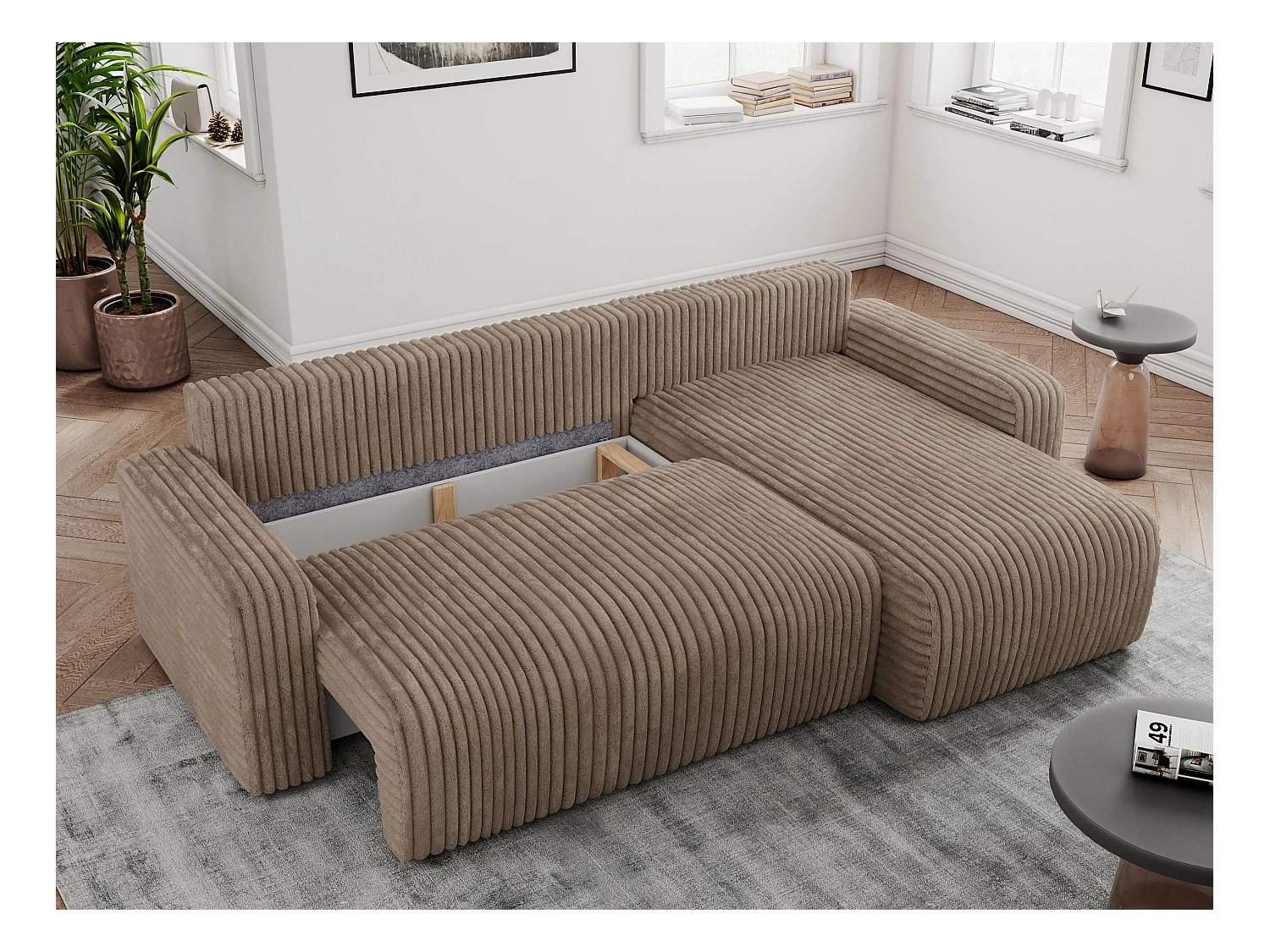 Ecksofa ARGOS - mit Schlaffunktion, Sofa mit armlehnen, Bettkasten, 3-Sitzer Sofa - Braun Cord