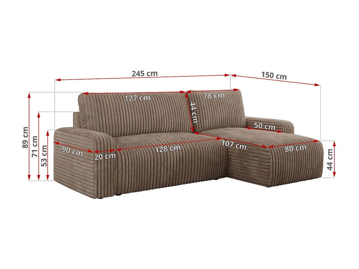 Ecksofa ARGOS - mit Schlaffunktion, Sofa mit armlehnen, Bettkasten, 3-Sitzer Sofa - Braun Cord
