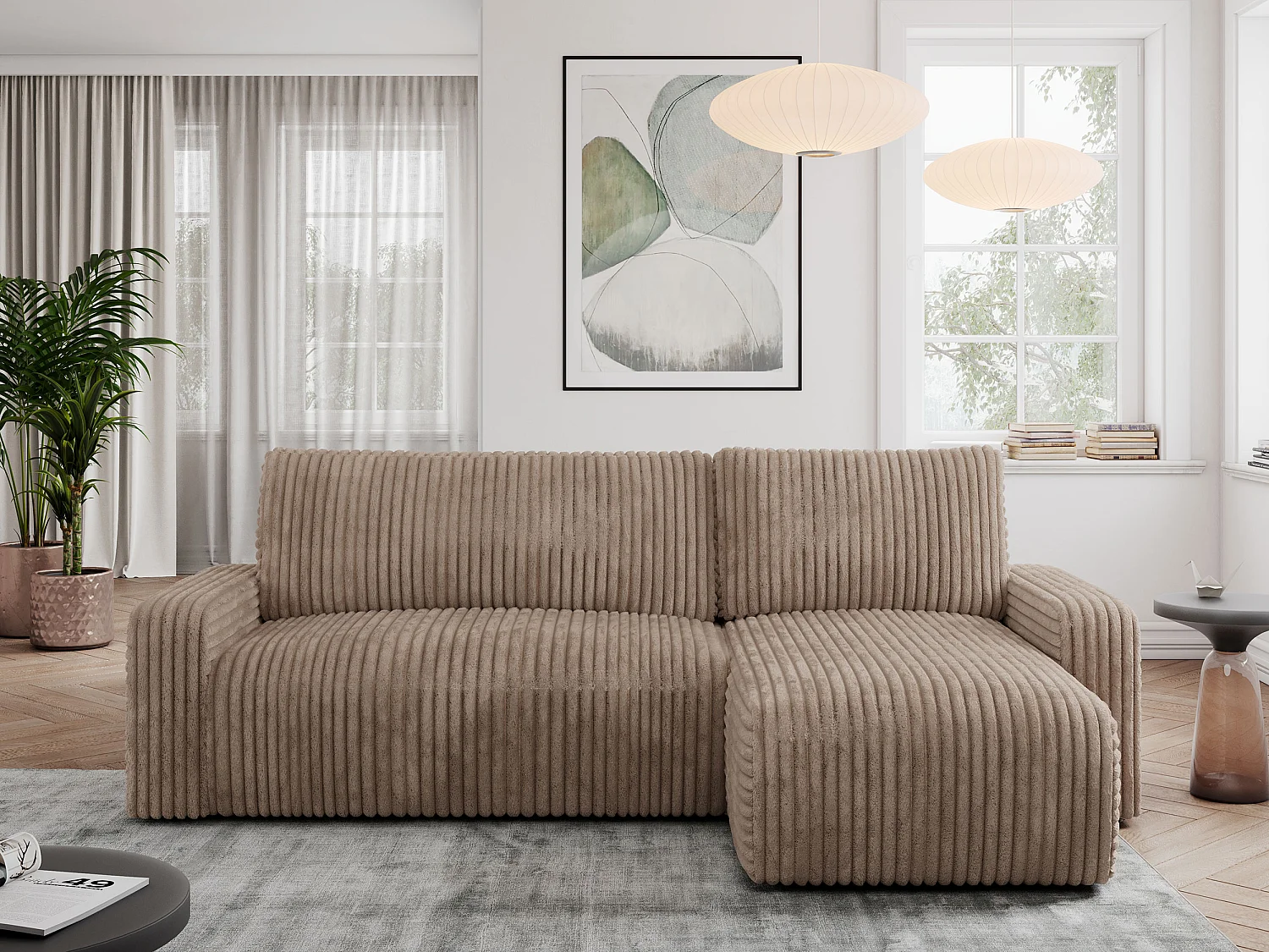 Ecksofa ARGOS - mit Schlaffunktion, Sofa mit armlehnen, Bettkasten, 3-Sitzer Sofa - Braun Cord