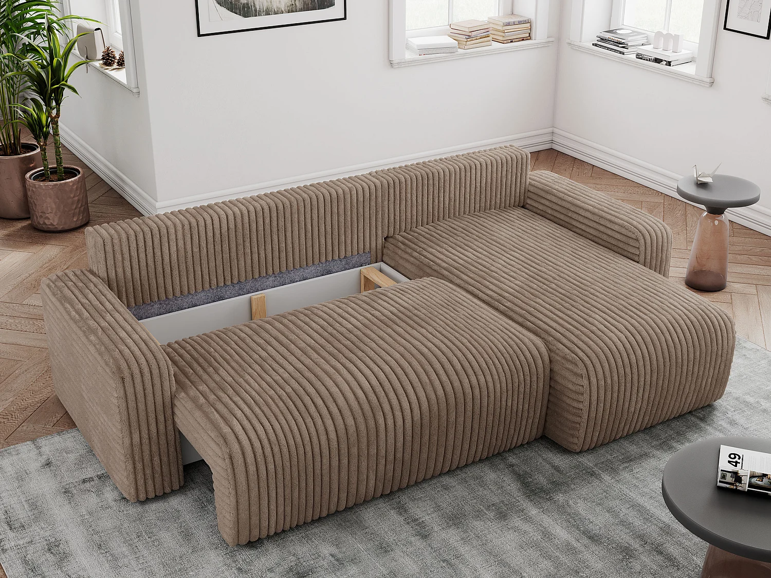 Ecksofa ARGOS - mit Schlaffunktion, Sofa mit armlehnen, Bettkasten, 3-Sitzer Sofa - Braun Cord