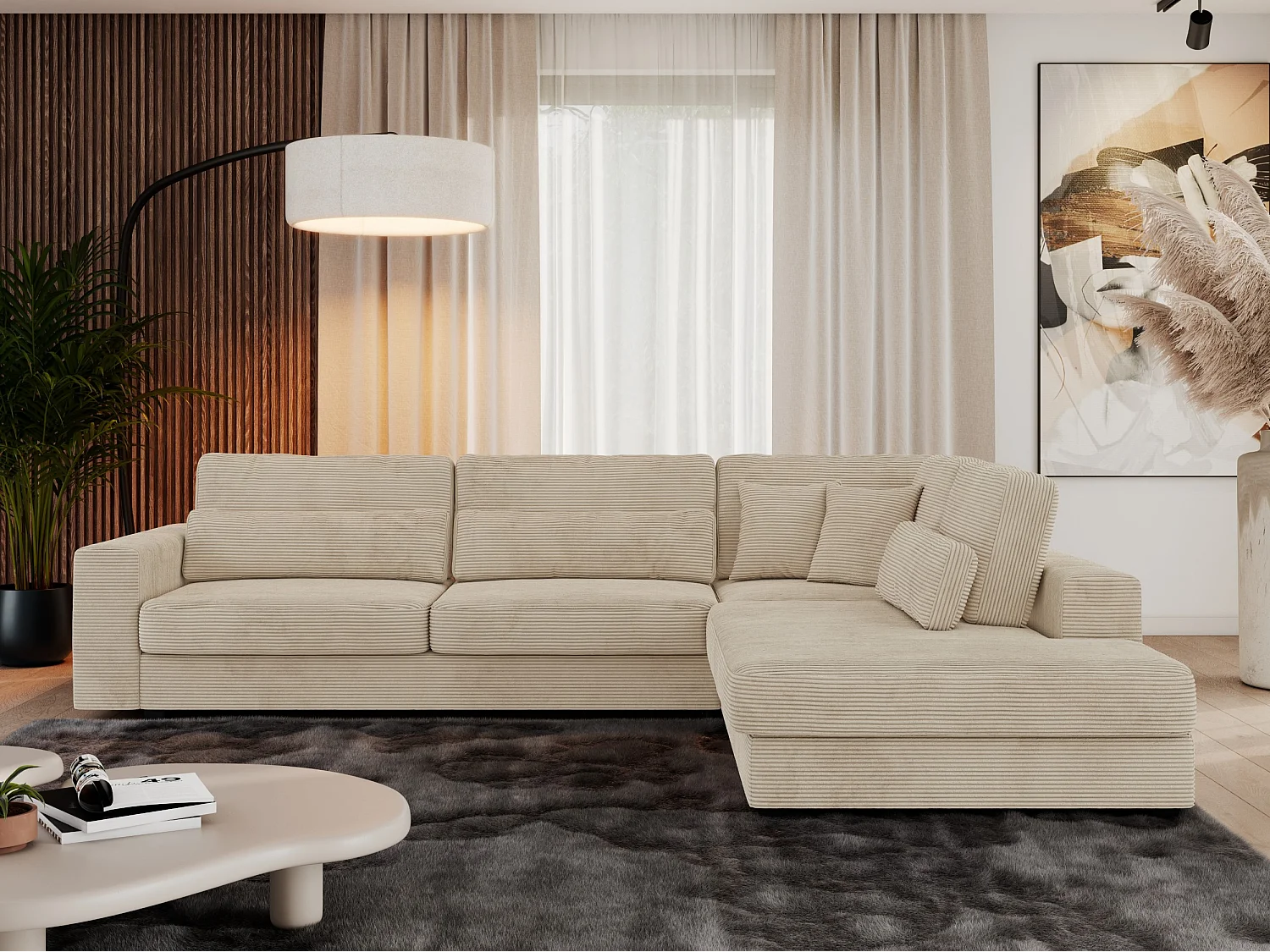 Ecksofa SAVONA - mit Armlehnen, lose Kissen, große L-förmige Ecke, Wohnlandschaft - Beige Cord - Ecke Rechts