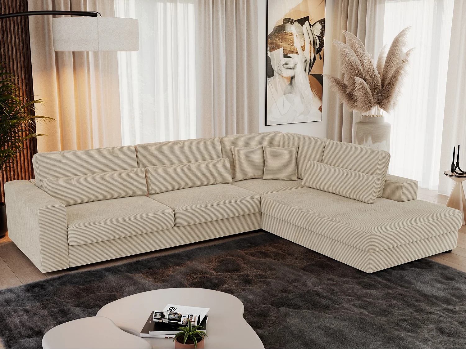 Ecksofa SAVONA - mit Armlehnen, lose Kissen, große L-förmige Ecke, Wohnlandschaft - Beige Cord - Ecke Rechts