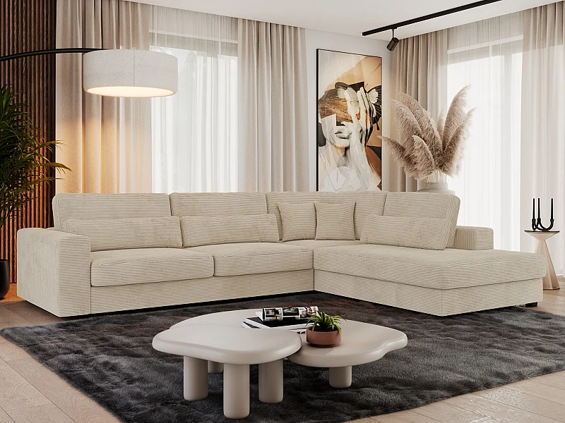 Ecksofa SAVONA - mit Armlehnen, lose Kissen, große L-förmige Ecke, Wohnlandschaft - Beige Cord - Ecke Rechts