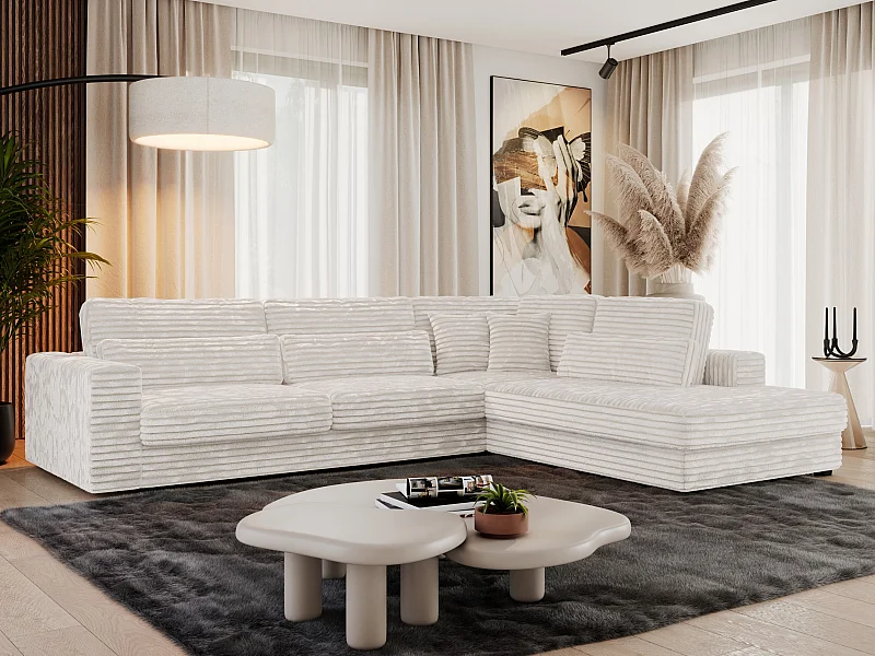 Ecksofa SAVONA - mit Armlehnen, lose Kissen, große L-förmige Ecke, Wohnlandschaft - Beige Cord - Ecke Rechts