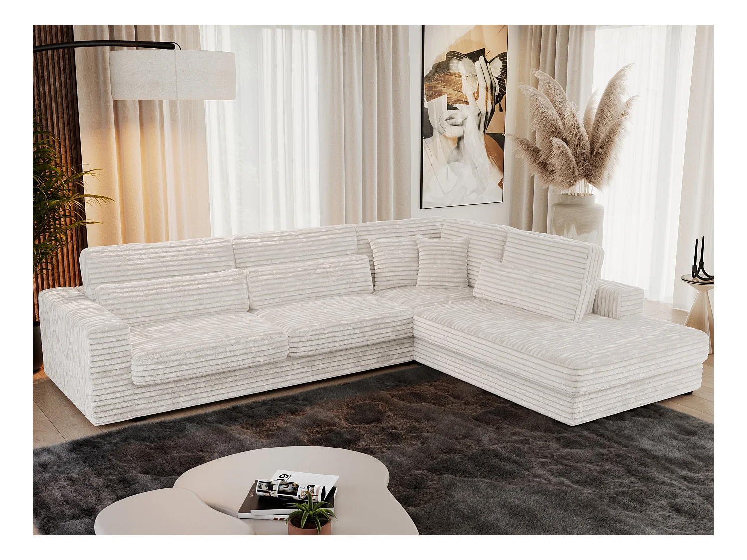 Ecksofa SAVONA - mit Armlehnen, lose Kissen, große L-förmige Ecke, Wohnlandschaft - Beige Cord - Ecke Rechts