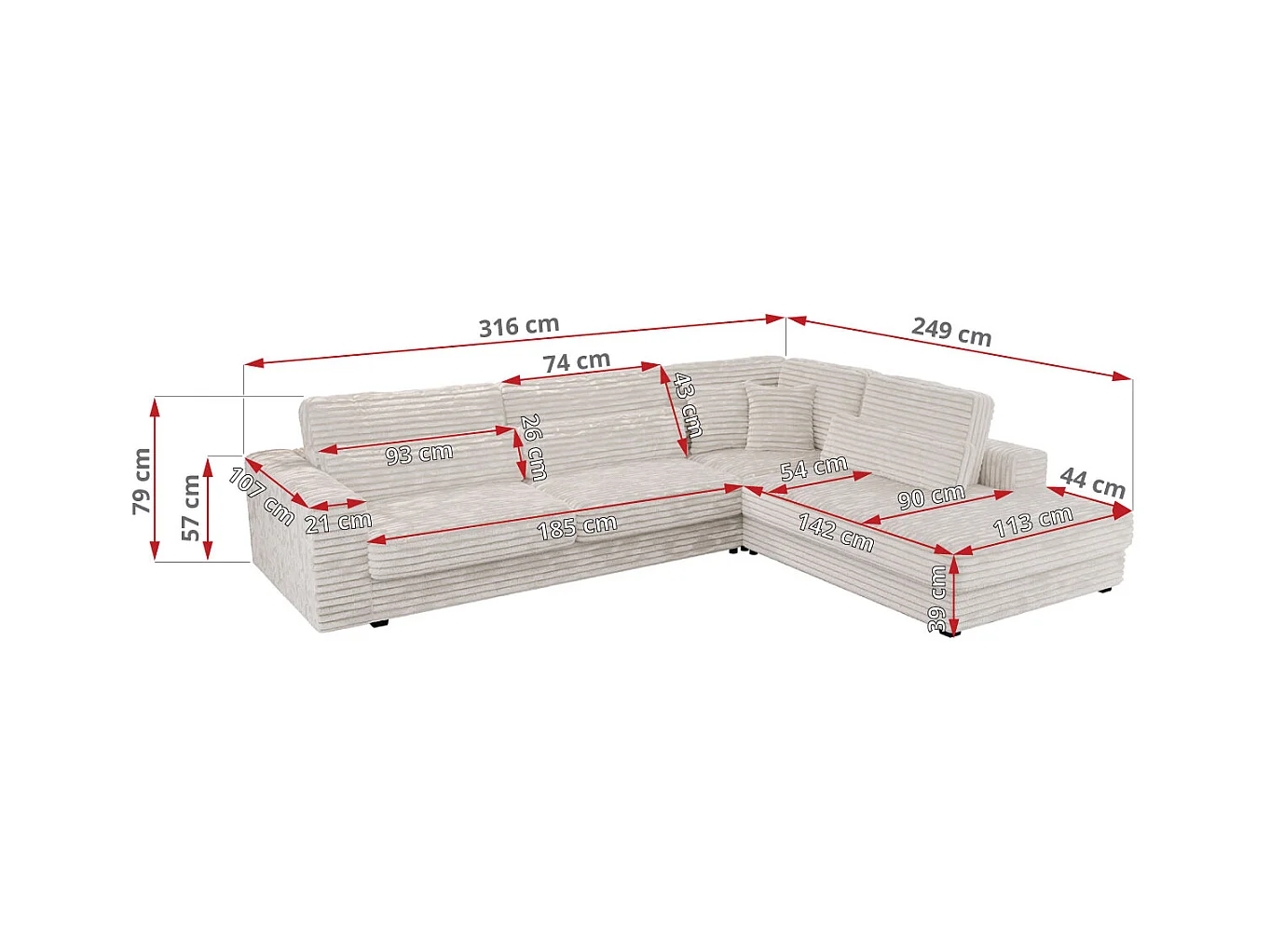 Ecksofa SAVONA - mit Armlehnen, lose Kissen, große L-förmige Ecke, Wohnlandschaft - Beige Cord - Ecke Rechts