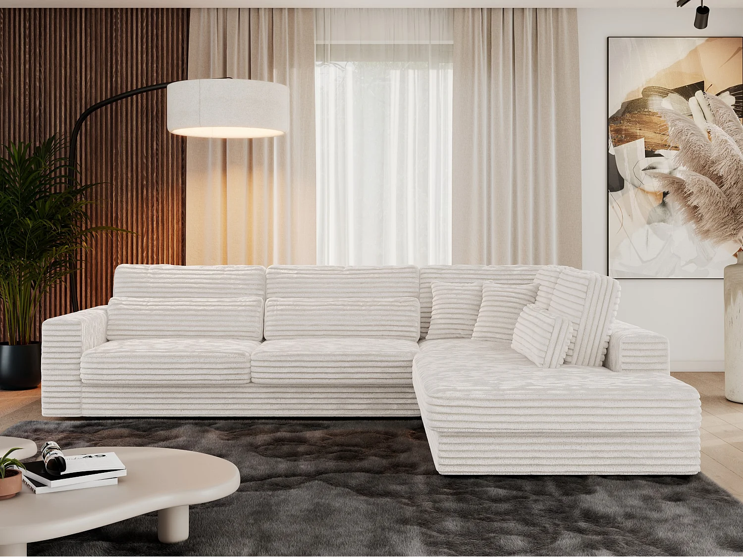 Ecksofa SAVONA - mit Armlehnen, lose Kissen, große L-förmige Ecke, Wohnlandschaft - Beige Cord - Ecke Rechts