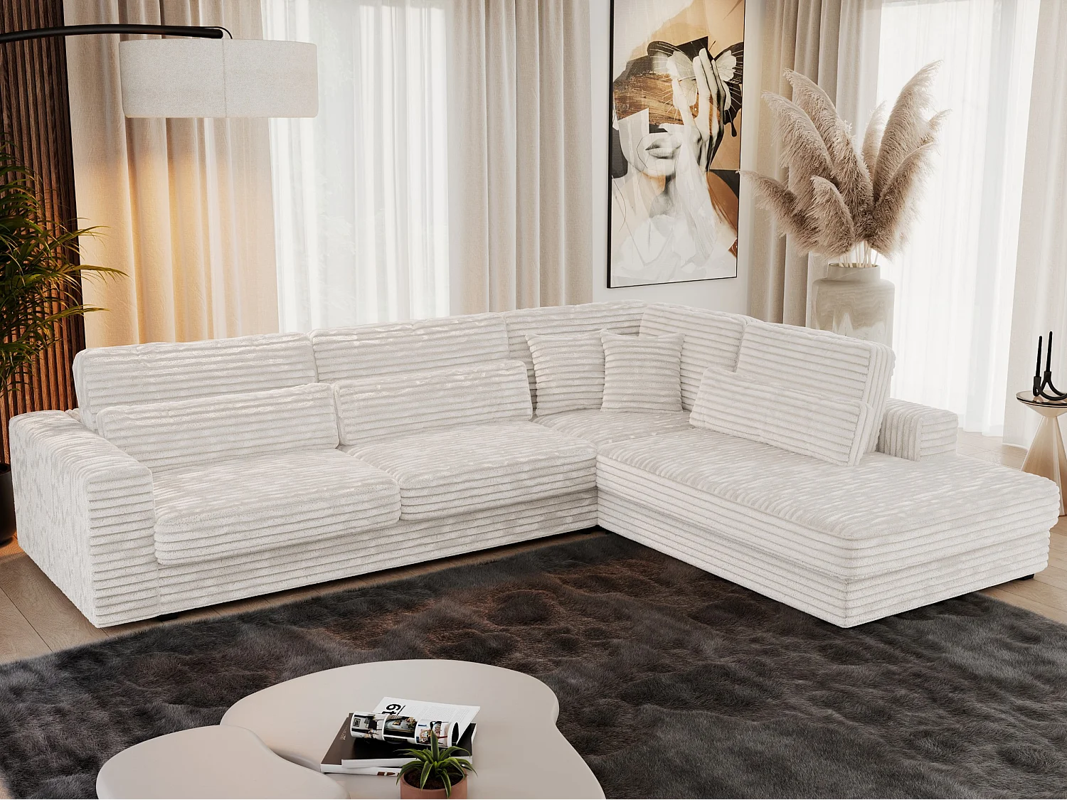 Ecksofa SAVONA - mit Armlehnen, lose Kissen, große L-förmige Ecke, Wohnlandschaft - Beige Cord - Ecke Rechts