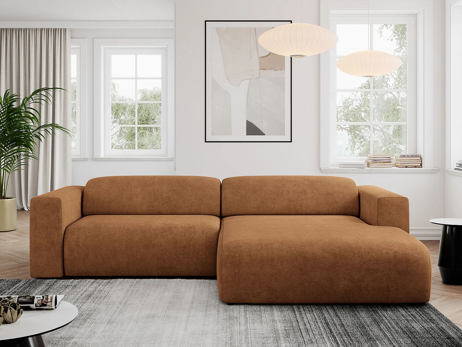 Ecksofa PASADENA - mit Armlehnen, Wohnlandschaft, freistehendes Sofa, große Ecke - Orange Stukture - Ecke Rechts