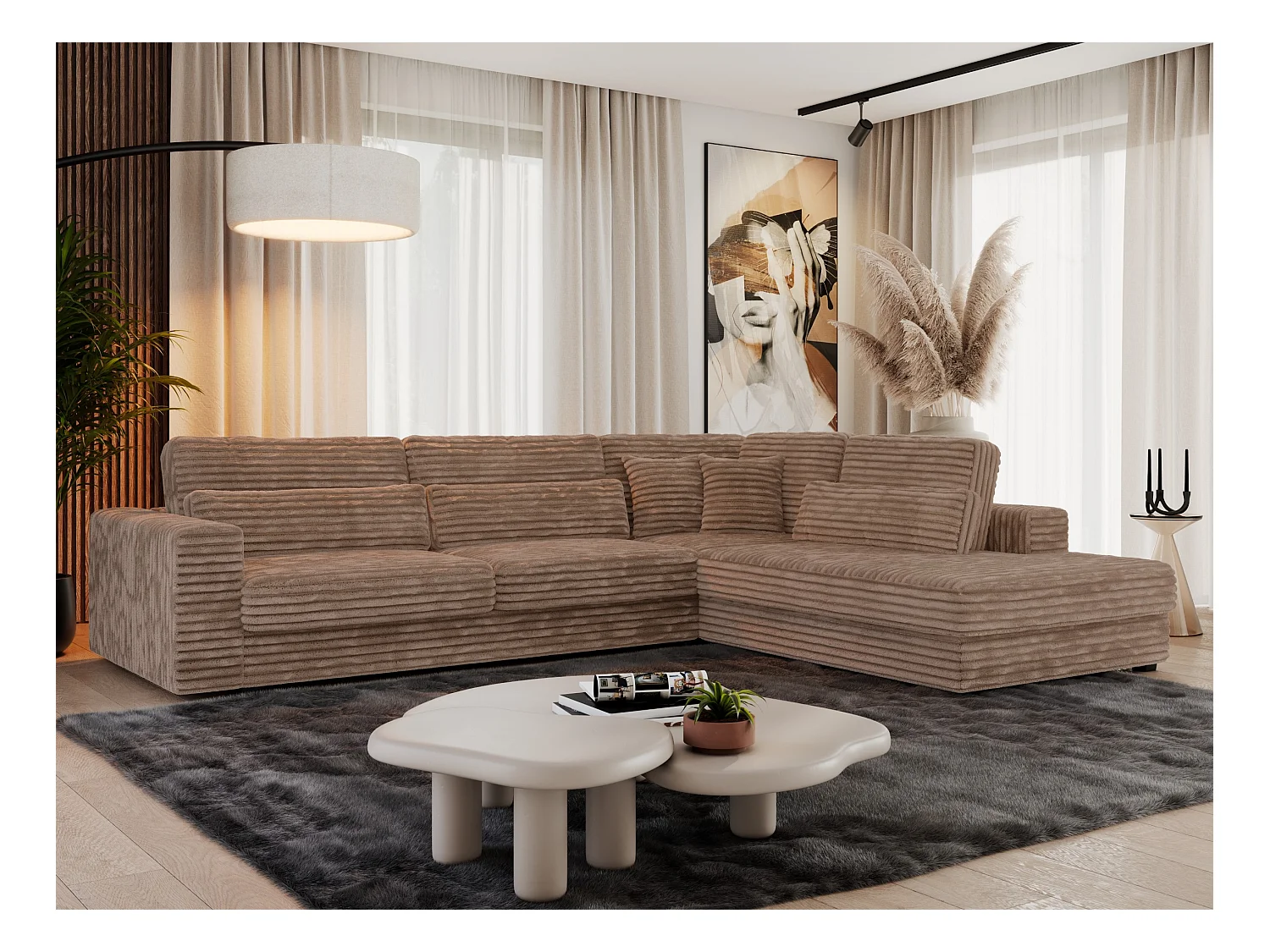 Ecksofa SAVONA - mit Armlehnen, lose Kissen, große L-förmige Ecke, Wohnlandschaft - Braun Cord - Ecke Rechts