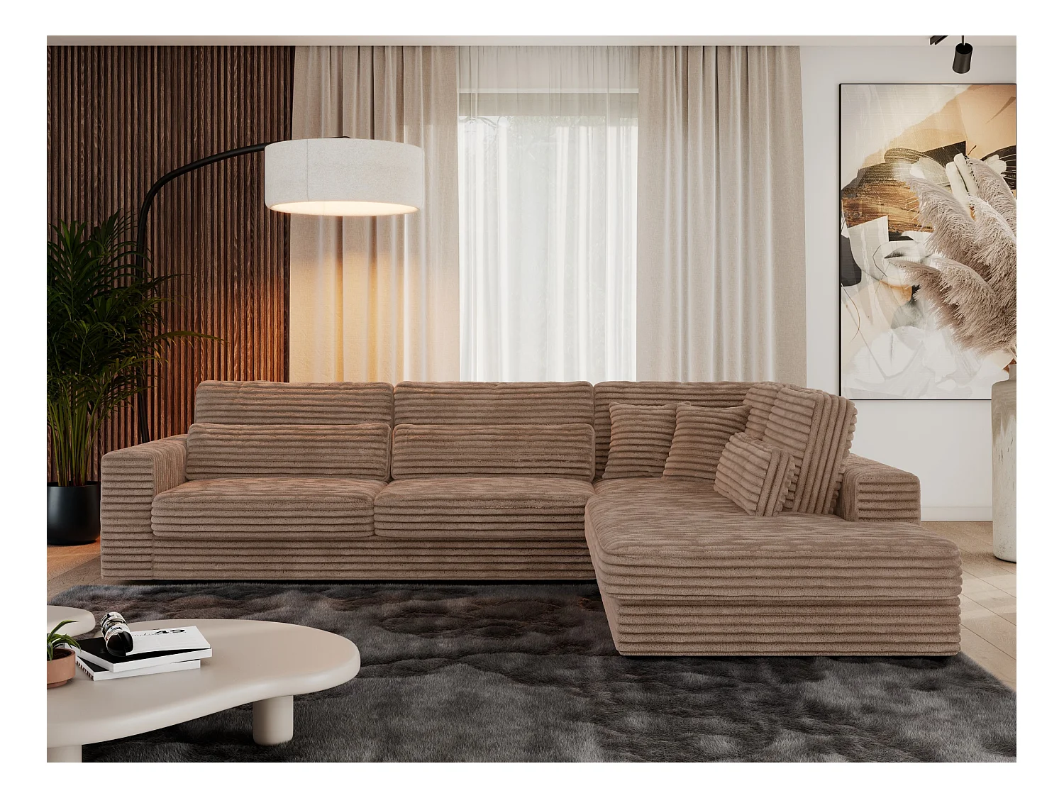 Ecksofa SAVONA - mit Armlehnen, lose Kissen, große L-förmige Ecke, Wohnlandschaft - Braun Cord - Ecke Rechts