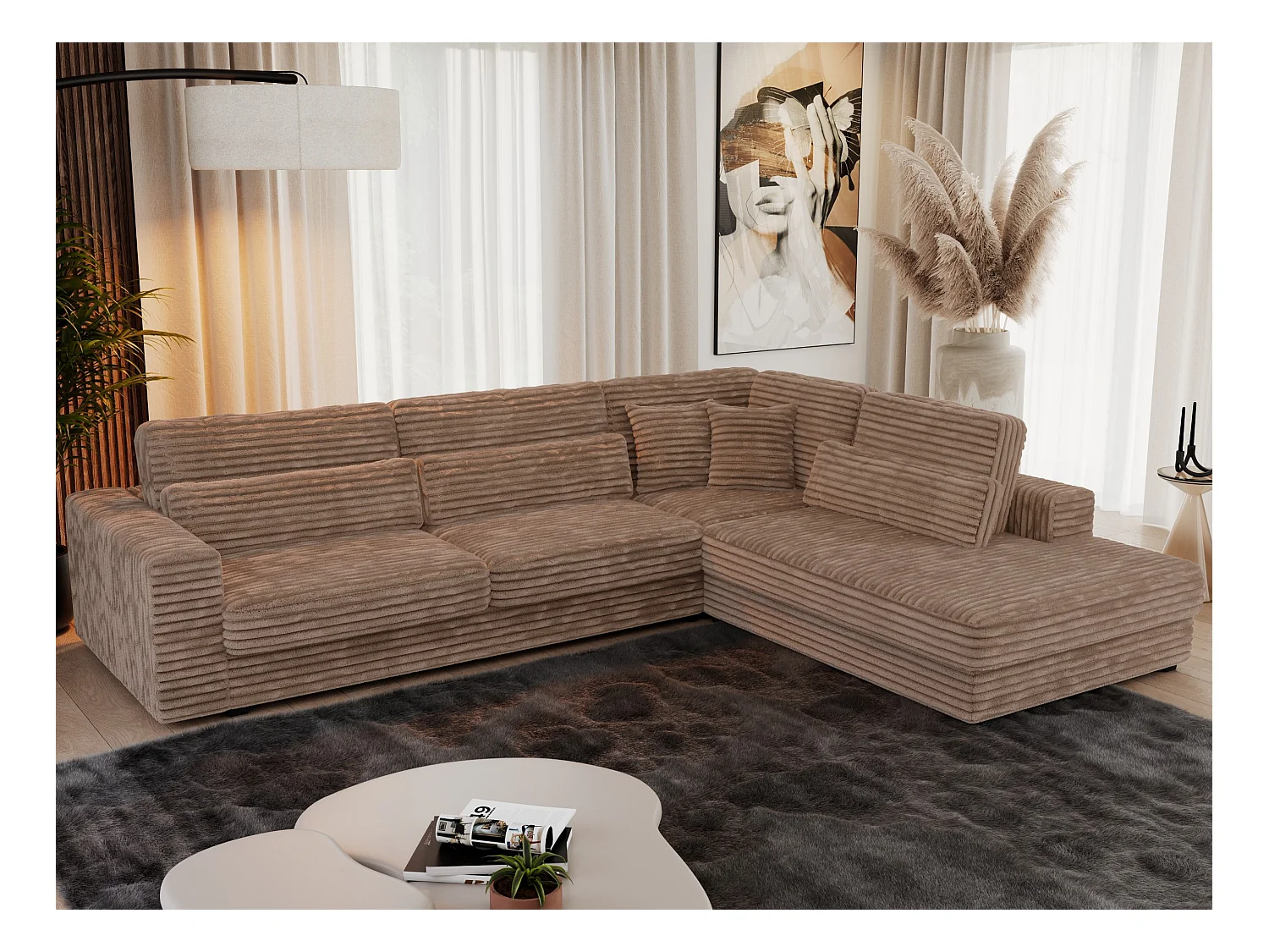 Ecksofa SAVONA - mit Armlehnen, lose Kissen, große L-förmige Ecke, Wohnlandschaft - Braun Cord - Ecke Rechts