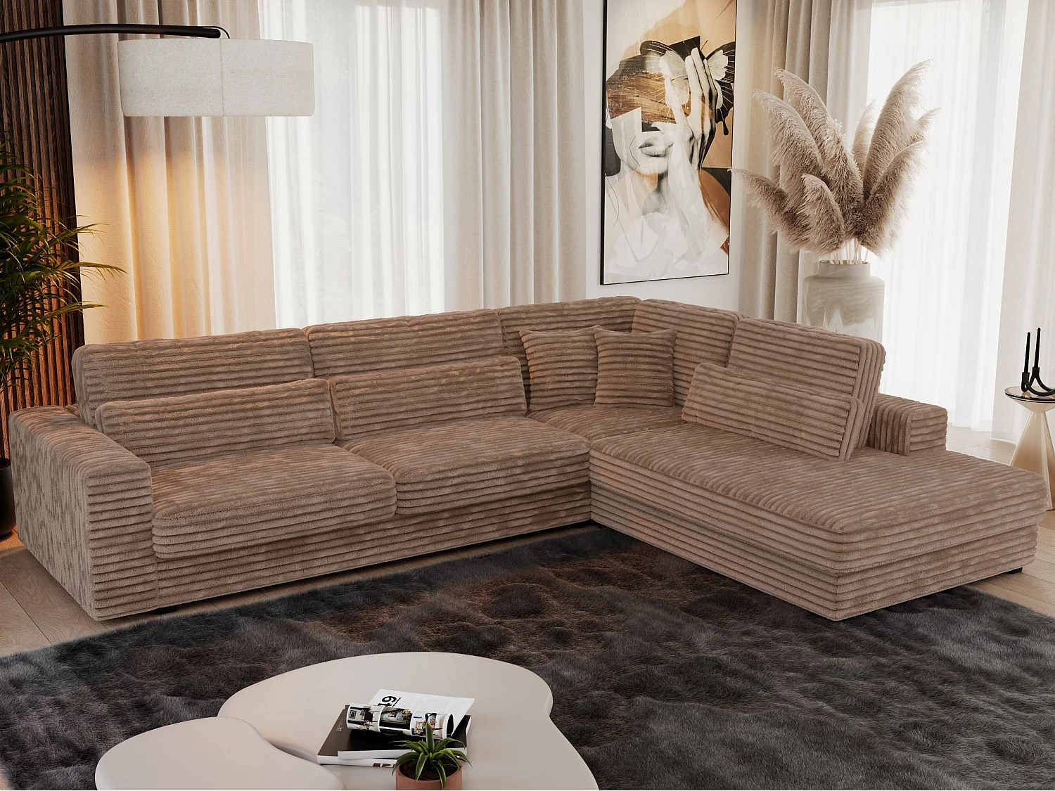 Ecksofa SAVONA - mit Armlehnen, lose Kissen, große L-förmige Ecke, Wohnlandschaft - Braun Cord - Ecke Rechts