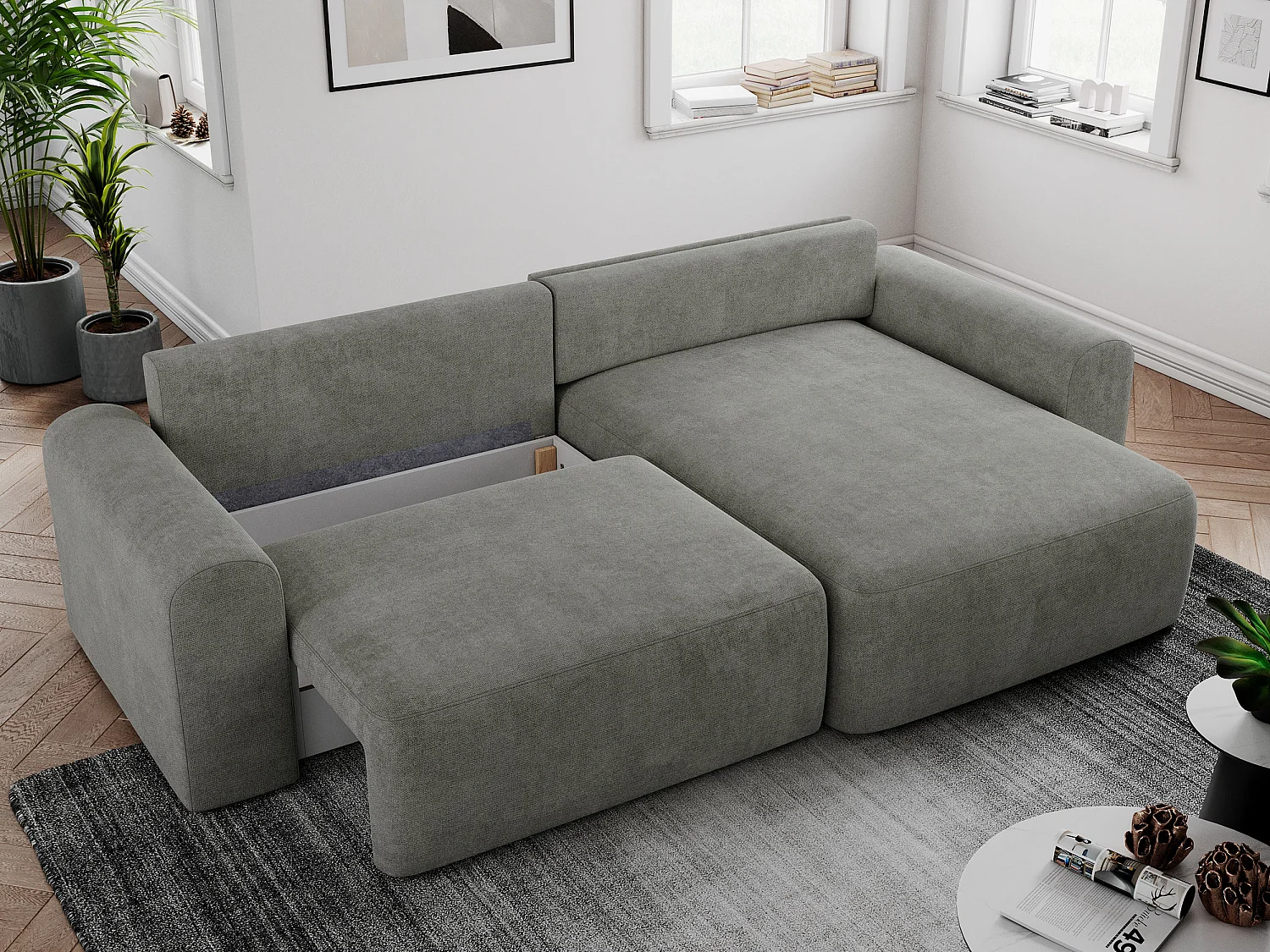 Ecksofa NELSON - Schlafcouch mit Armlehnen und Bettkasten, universelles L-förmige Ecksofa - Grau Stukture