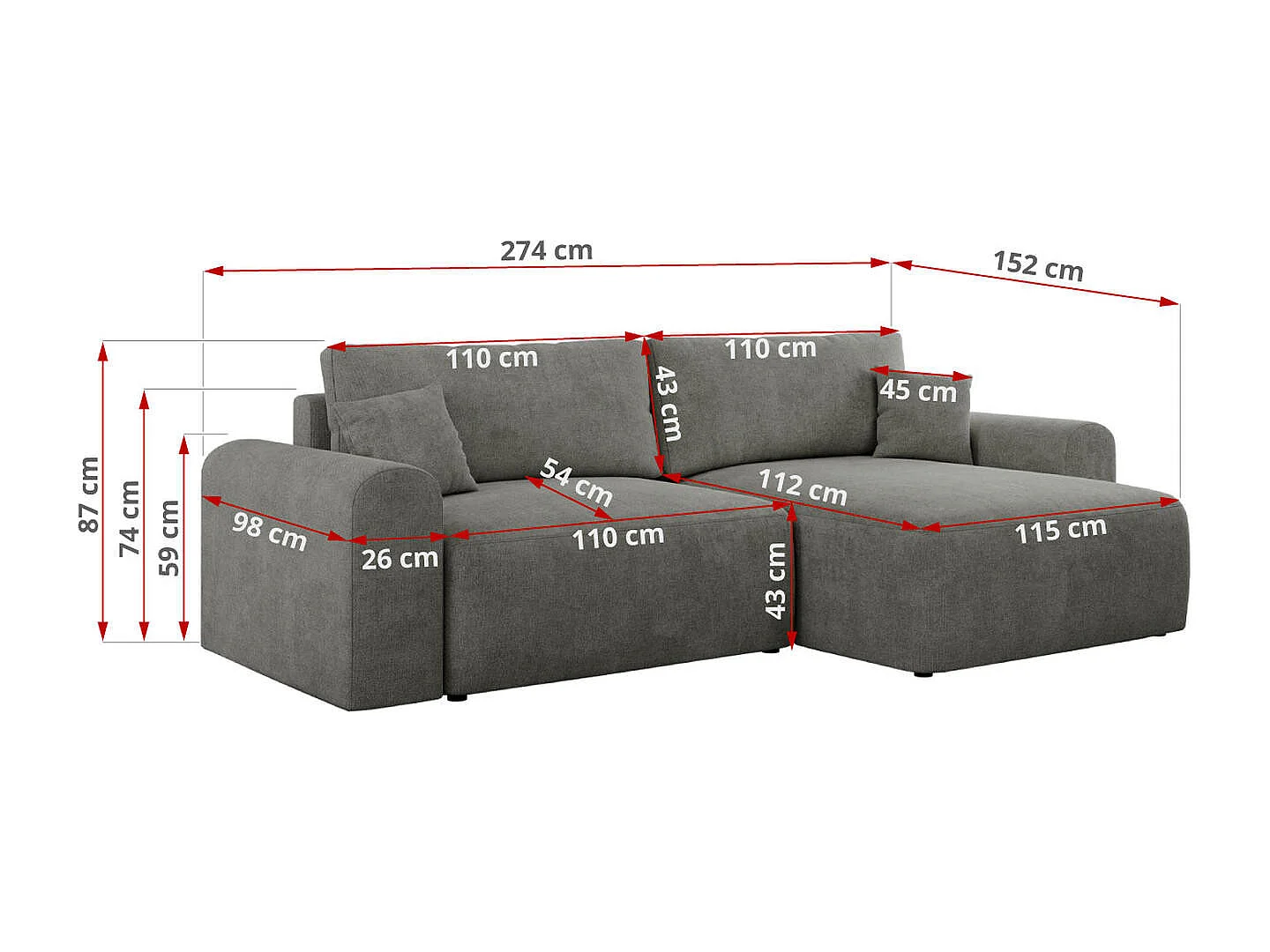 Ecksofa NELSON - Schlafcouch mit Armlehnen und Bettkasten, universelles L-förmige Ecksofa - Grau Stukture