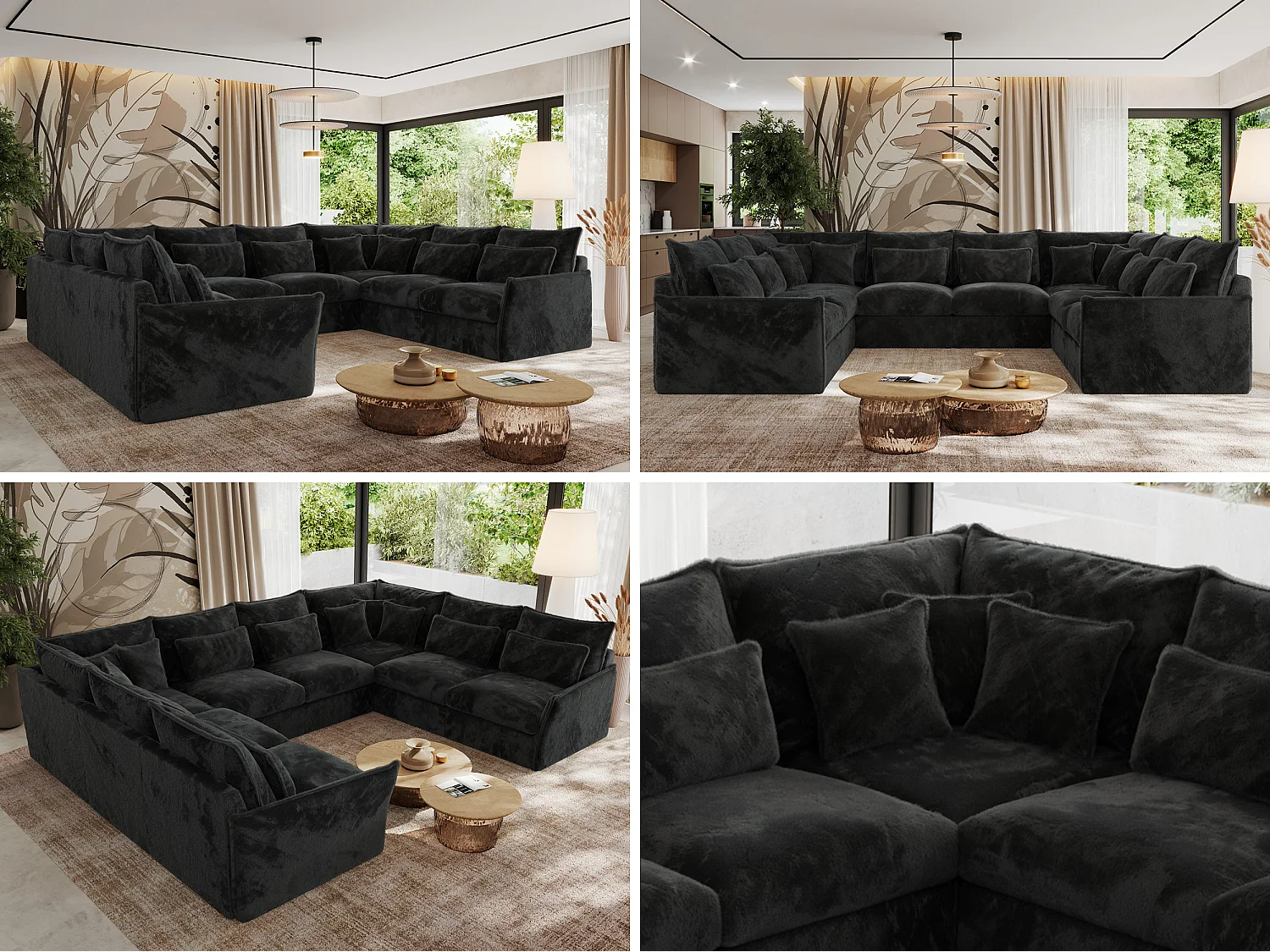 Ecksofa VERSO U8M - modulare U-förmige Ecke mit Armlehnen, Wohnlandschaft, Ecksofa XXL, lose Kissen - Dunkelgrau Plüsch