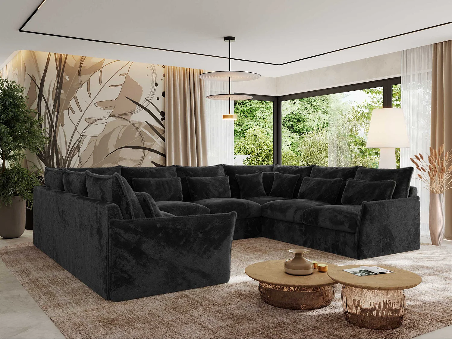 Ecksofa VERSO U8M - modulare U-förmige Ecke mit Armlehnen, Wohnlandschaft, Ecksofa XXL, lose Kissen - Dunkelgrau Plüsch