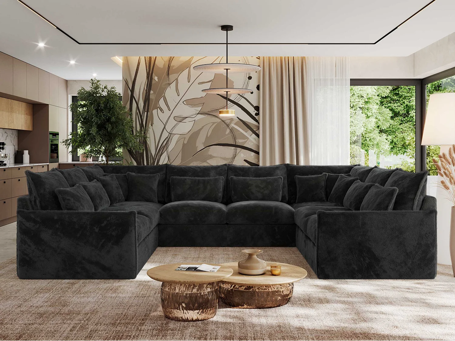 Ecksofa VERSO U8M - modulare U-förmige Ecke mit Armlehnen, Wohnlandschaft, Ecksofa XXL, lose Kissen - Dunkelgrau Plüsch