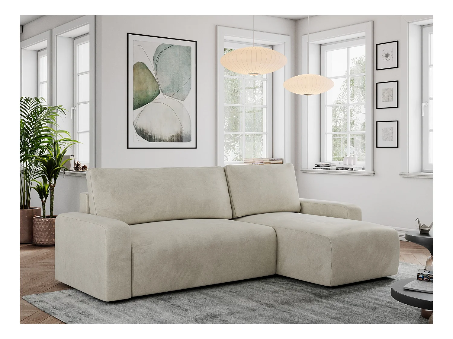 Ecksofa ARGOS - mit Schlaffunktion, Sofa mit armlehnen, Bettkasten, 3-Sitzer Sofa - Beige Velvet