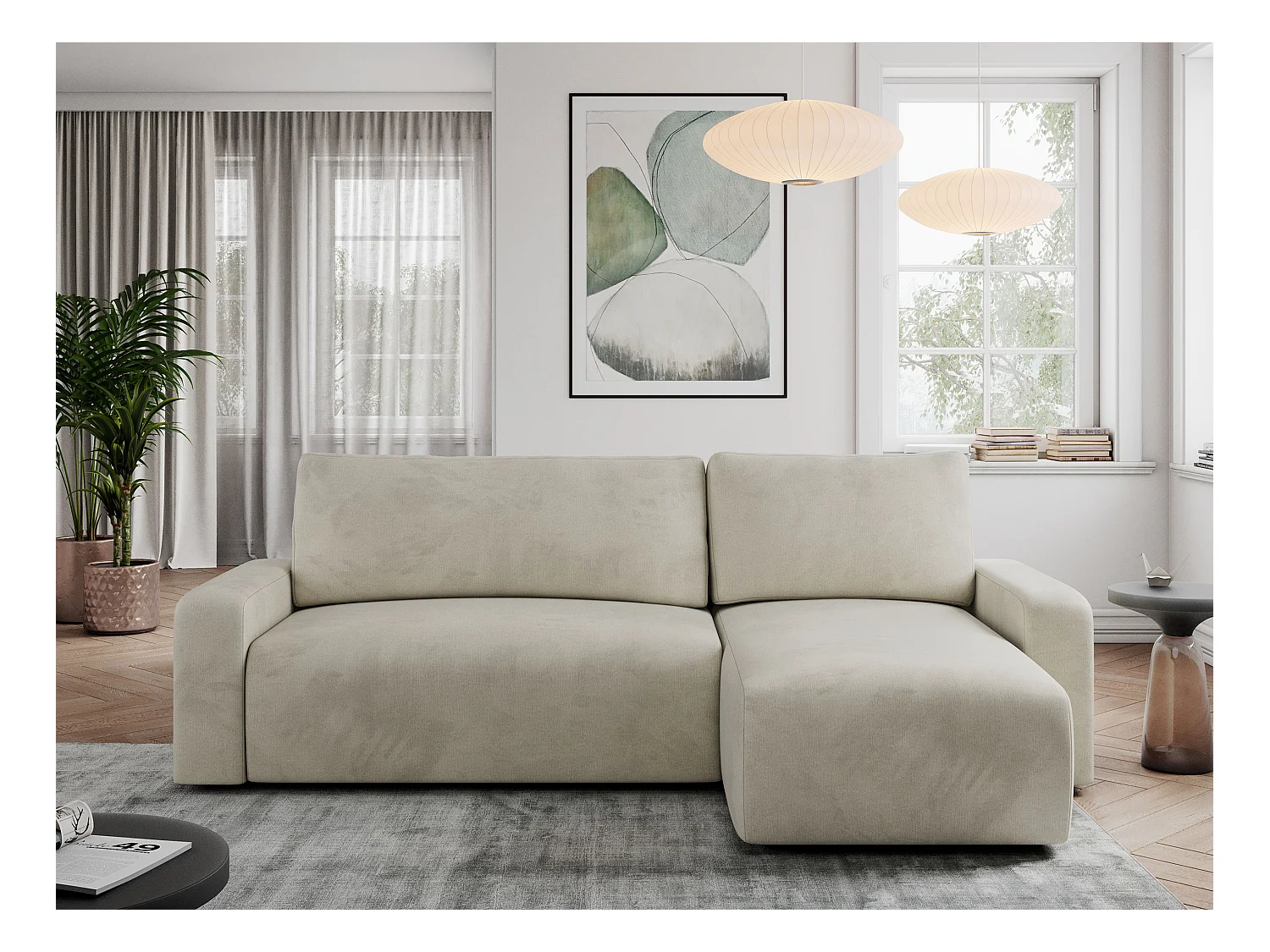 Ecksofa ARGOS - mit Schlaffunktion, Sofa mit armlehnen, Bettkasten, 3-Sitzer Sofa - Beige Velvet