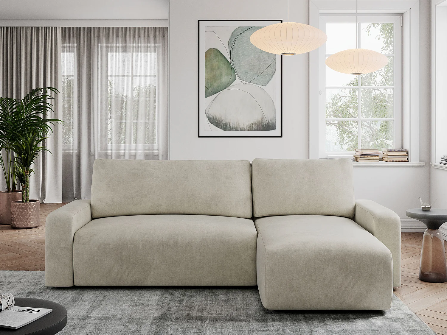 Ecksofa ARGOS - mit Schlaffunktion, Sofa mit armlehnen, Bettkasten, 3-Sitzer Sofa - Beige Velvet