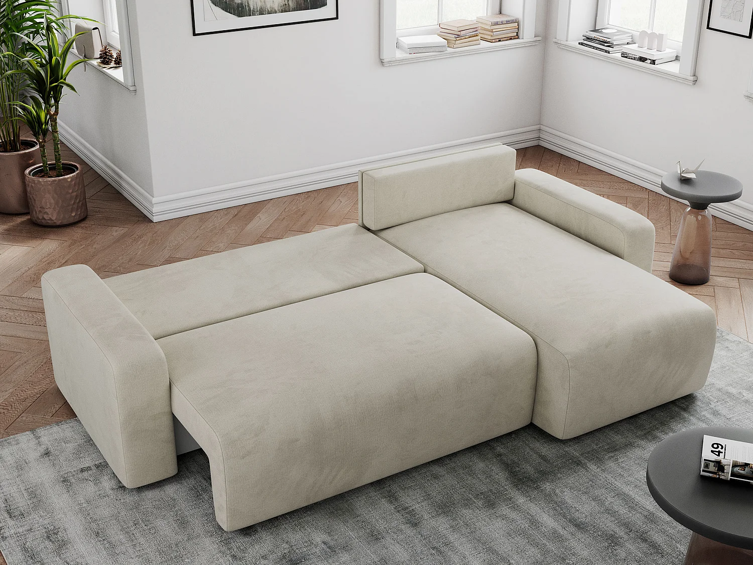 Ecksofa ARGOS - mit Schlaffunktion, Sofa mit armlehnen, Bettkasten, 3-Sitzer Sofa - Beige Velvet