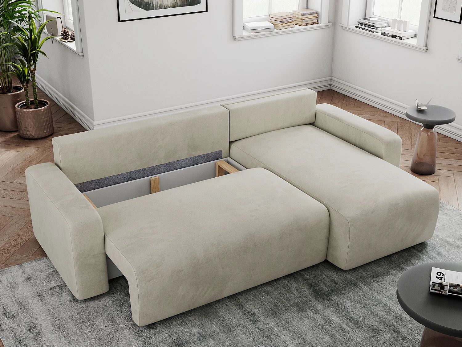 Ecksofa ARGOS - mit Schlaffunktion, Sofa mit armlehnen, Bettkasten, 3-Sitzer Sofa - Beige Velvet