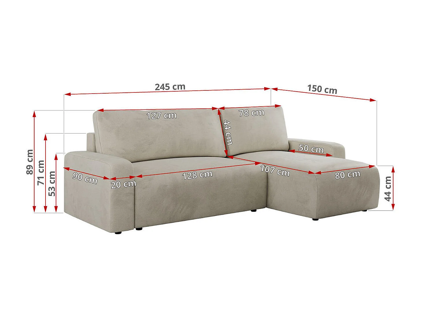 Ecksofa ARGOS - mit Schlaffunktion, Sofa mit armlehnen, Bettkasten, 3-Sitzer Sofa - Beige Velvet